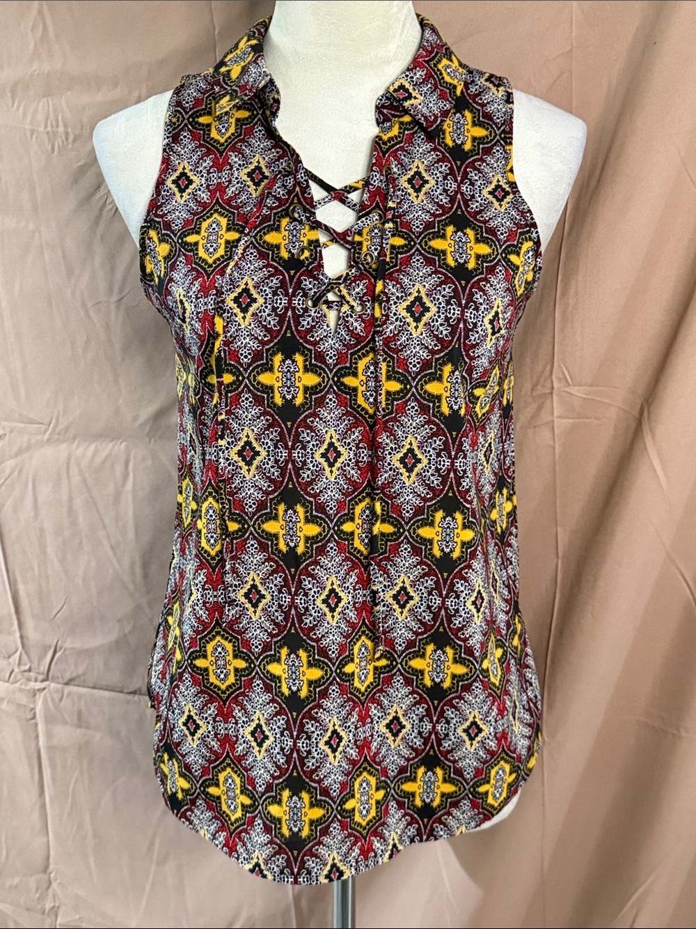 Hippie Rose Burgundy & Yellow Printed Sleeveless Lace-Up Halter Top